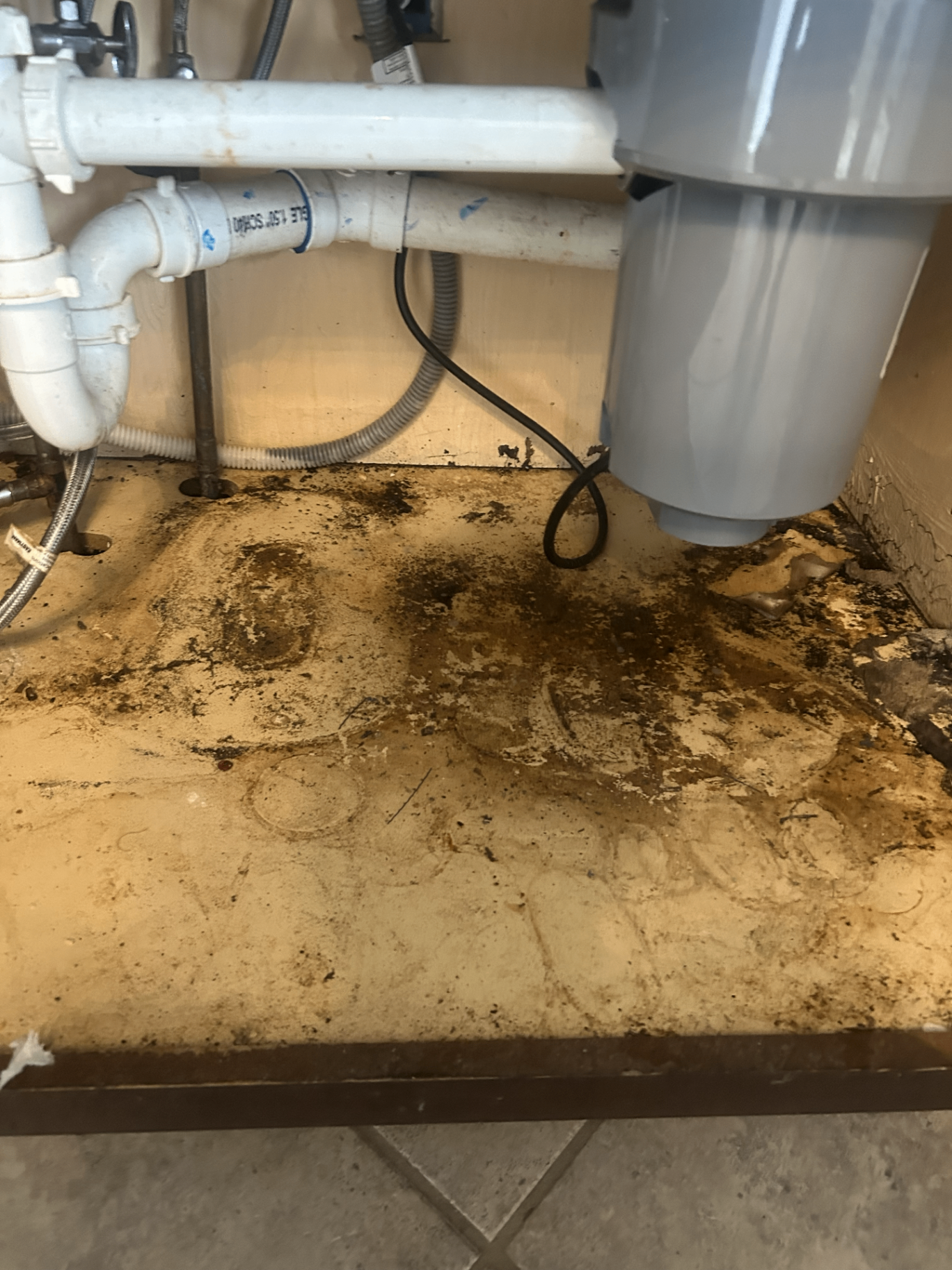 Under-sink cabinet before cleaning with heavy grime and buildup